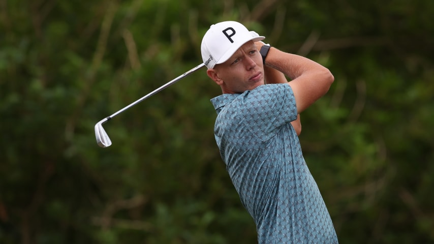 SOUTHAMPTON, BERMUDA - NOVEMBER 12: Matthias Schmid of Germany plays his shot from the fourth tee during the final round of the Butterfield Bermuda Championship at Port Royal Golf Course on November 12, 2023 in Southampton, Bermuda. (Photo by Marianna Massey/Getty Images)