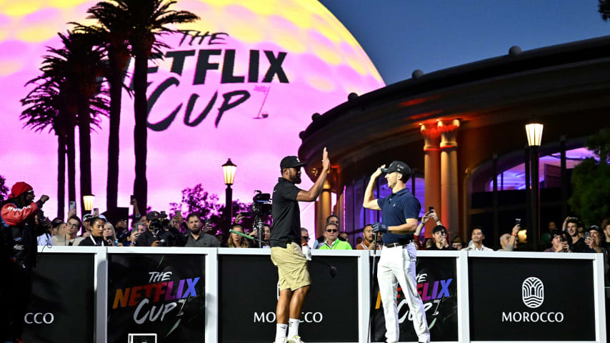 Tony Finau and Pierre Gasly at Wynn Las Vegas for 'The Netflix Cup'. (Getty Images)