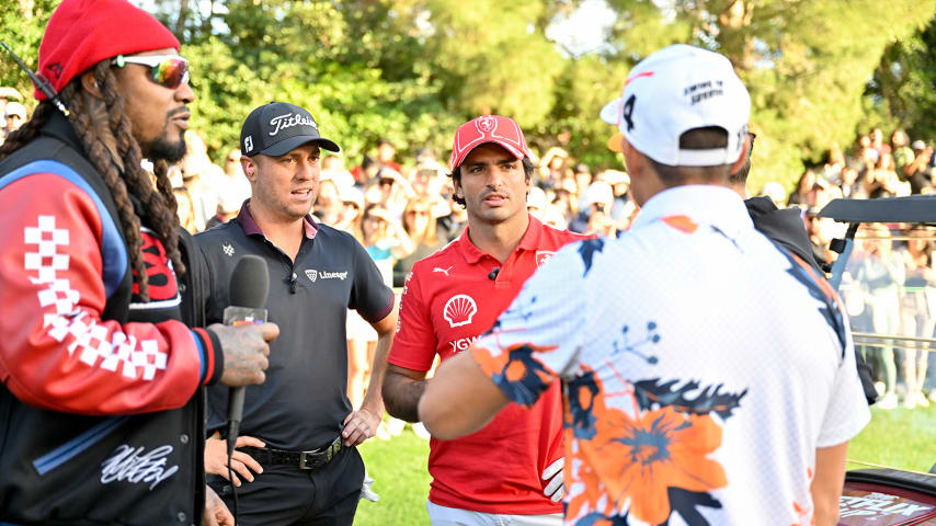 Marshawn Lynch, Justin Thomas, Carlos Sainz, Rickie Fowler and Lanto Norris at Wynn Las Vegas for 'The Netflix Cup'. (Getty Images)