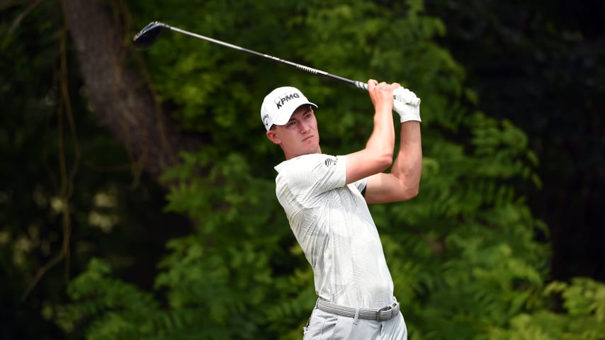 FORT WORTH, TEXAS - MAY 26:  Maverick McNealy of the United State hits his first shot on the 6th hole during the second round of the Charles Schwab Challenge at Colonial Country Club on May 26, 2023 in Fort Worth, Texas. (Photo by Steve Dykes/Getty Images)