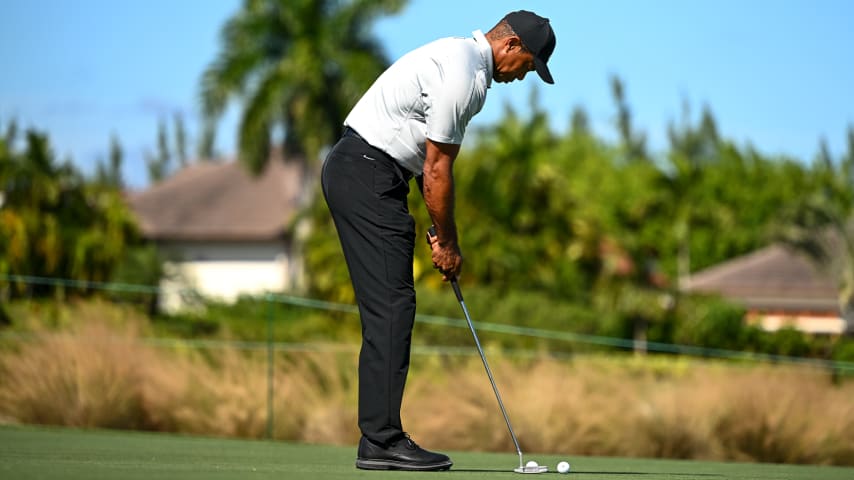 Tiger's legendary Scotty Cameron Newport 2 GSS putter was seen with a few strips of lead tape added to the back. (Tracy Wilcox/PGA TOUR)