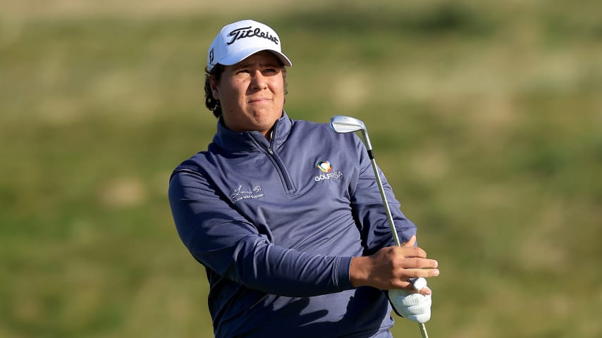 ST ANDREWS, SCOTLAND - OCTOBER 06: Aldrich Potgieter of South Africa plays his second shot on teh second hole during Day Two of the Alfred Dunhill Links Championship on the Championship Links at Carnoustie Golf Links on October 06, 2023 in St Andrews, Scotland. (Photo by David Cannon/Getty Images)