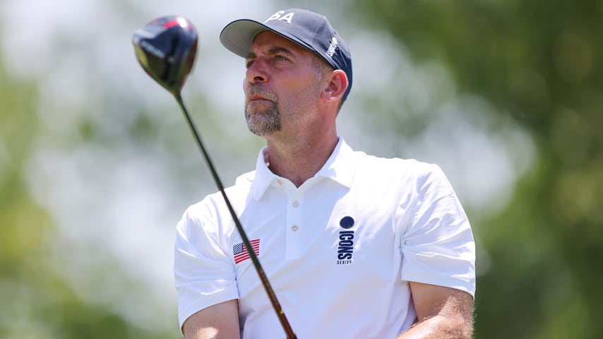 JERSEY CITY, NEW JERSEY - JUNE 30: John Smoltz hits his tee shot on the 7th hole during day one of the ICON Series at Liberty National Golf Club on June 30, 2022 in Jersey City, New Jersey. (Photo by Mike Stobe/Getty Images)