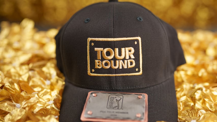 NEWBURGH, INDIANA - OCTOBER 08: A detailed view of a TOURBOUND hat at a studio shoot during the Korn Ferry Tour Championship presented by United Leasing and Finance at Victoria National Golf Club on October 8, 2023 in Newburgh, Indiana. (Photo by Andrew Wevers/PGA TOUR)