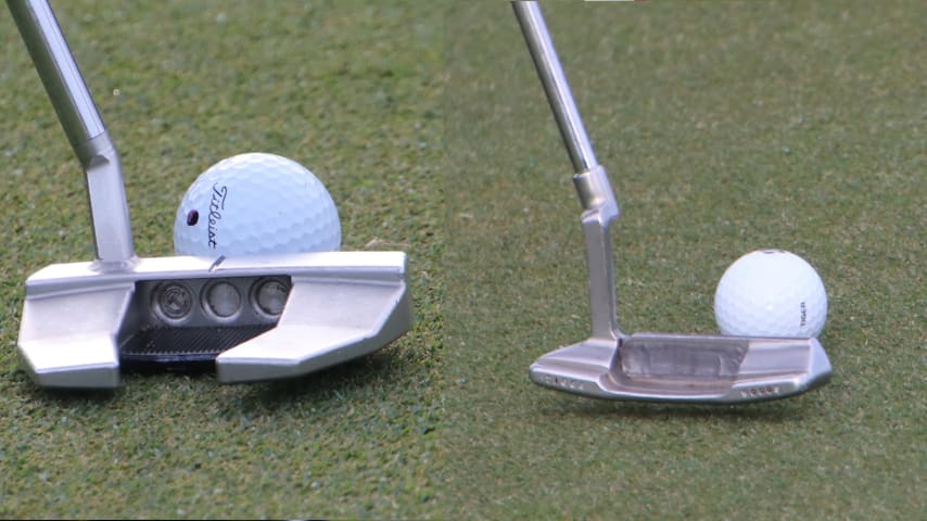 Charlie Woods' Scotty Cameron Phantom X 5.5 (left) and Tiger Woods' Cameron Newport 2 GSS blade (right). (GolfWRX)