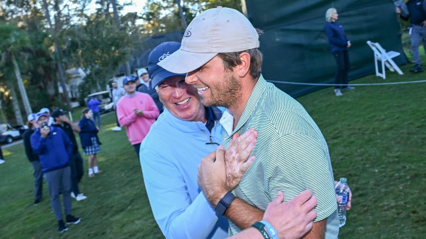 Blain Hale Jr. (right) and his father (left) after the conclusion of Final Stage of 2023 PGA TOUR Q-School. (Tracy Wilcox/PGA TOUR)