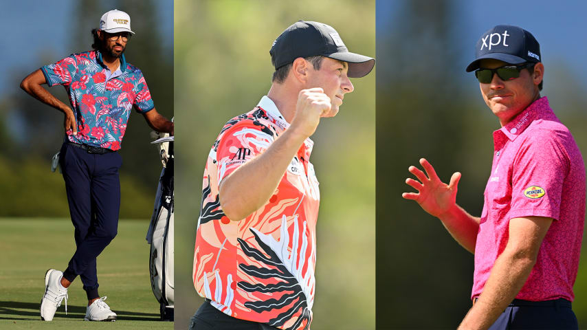 Akshay Bhatia (left), Viktor Hovland (middle) and Adam Schenk (right) at The Sentry. (Getty Images)