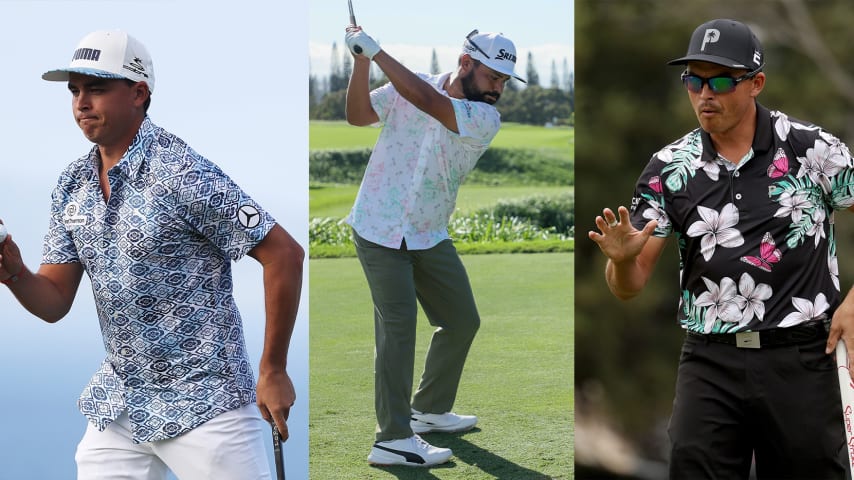 On the left, Rickie Fowler at the 2018 Sentry. In the middle, J.J. Spaun swings at the 2023 Sentry. On the right, Rickie Fowler at the 2023 WGC-Dell Technologies Match Play. (Getty Images) 