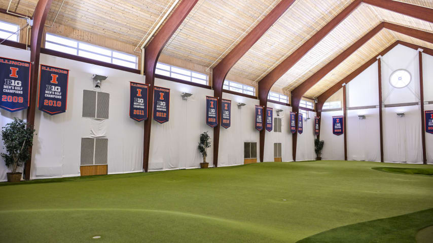 CHAMPAIGN, ILLINOIS - SEPTEMBER 28:  A view of the indoor short game area at the Demirjian Golf Practice Facility at the University of Illinois on September 28, 2023 in Champaign, Illinois. (Photo by Ben Jared/PGA TOUR)