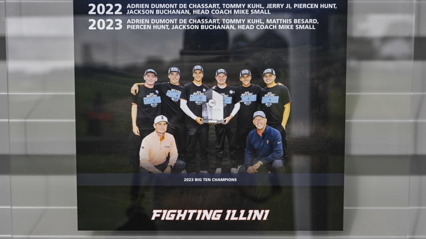 CHAMPAIGN, ILLINOIS - SEPTEMBER 28:  A photo of the 2023 Big Ten Championship team inside the Demirjian Golf Practice Facility at the University of Illinois on September 28, 2023 in Champaign, Illinois. (Photo by Ben Jared/PGA TOUR)