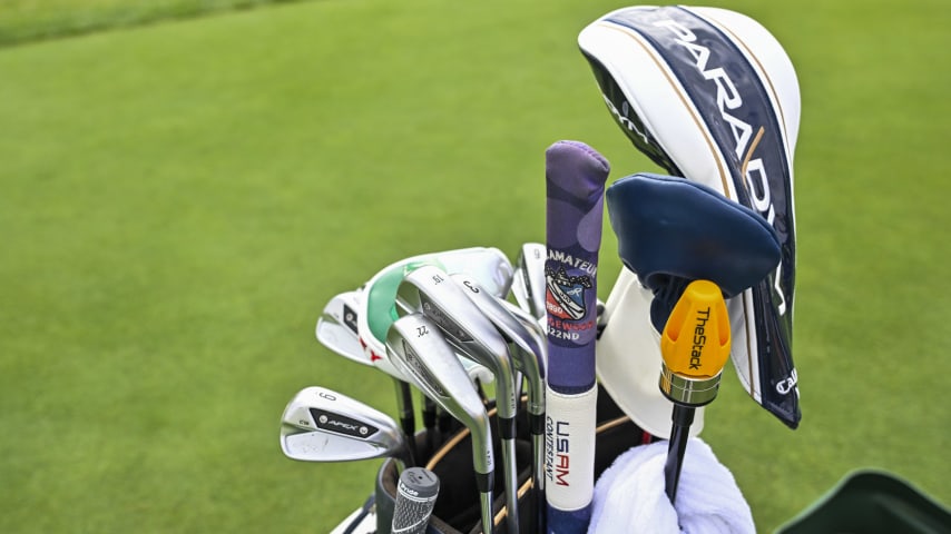 CHAMPAIGN, ILLINOIS - SEPTEMBER 28:  A detail of Adrien Dumont de Chassart’s golf bag at the University of Illinois on September 28, 2023 in Champaign, Illinois. (Photo by Ben Jared/PGA TOUR)