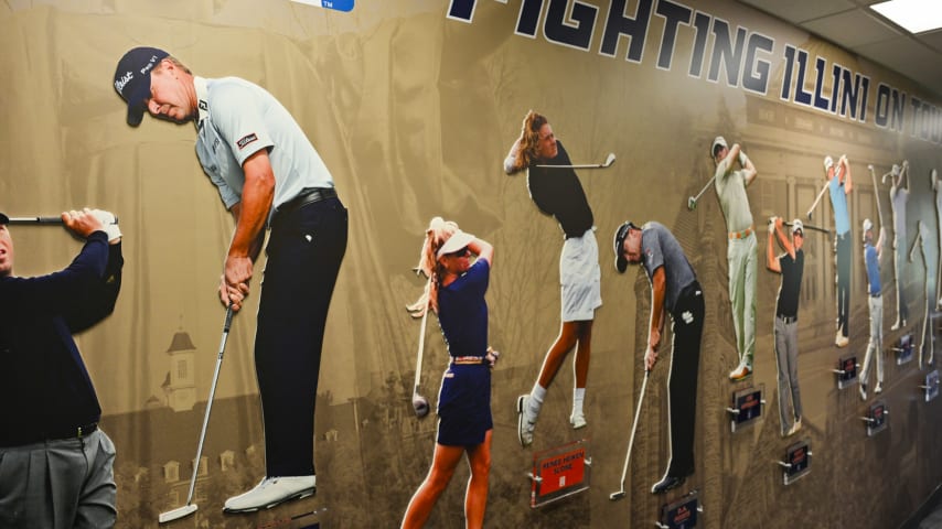 CHAMPAIGN, ILLINOIS - SEPTEMBER 28:  A wall celebrating golfers who have made it onto various professional tours inside the Demirjian Golf Practice Facility at the University of Illinois on September 28, 2023 in Champaign, Illinois. (Photo by Ben Jared/PGA TOUR)