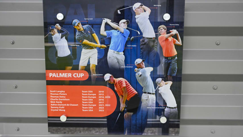 CHAMPAIGN, ILLINOIS - SEPTEMBER 28:  Palmer Cup victories are displayed inside the Demirjian Golf Practice Facility at the University of Illinois on September 28, 2023 in Champaign, Illinois. (Photo by Ben Jared/PGA TOUR)