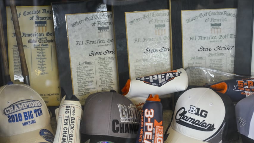 CHAMPAIGN, ILLINOIS - SEPTEMBER 28:  Team awards on display at the Demirjian Golf Practice Facility at the University of Illinois on September 28, 2023 in Champaign, Illinois. (Photo by Ben Jared/PGA TOUR)