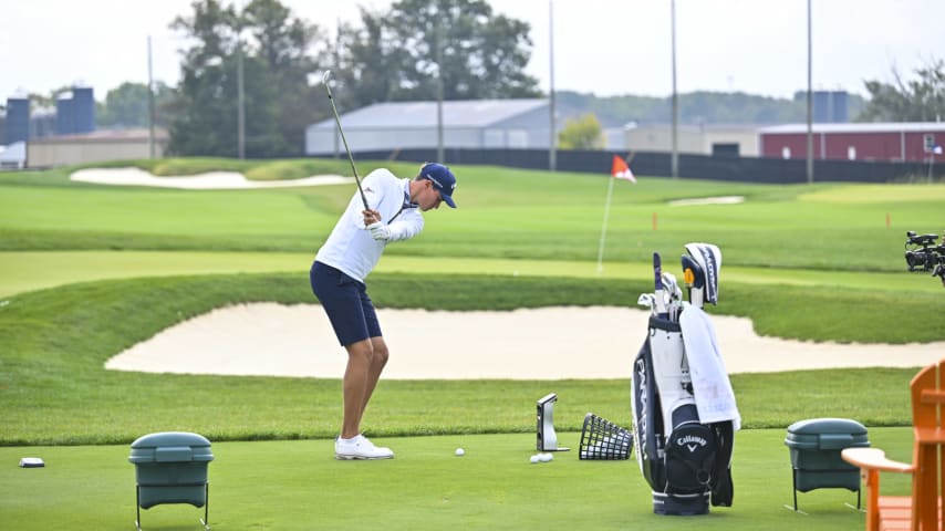 CHAMPAIGN, ILLINOIS - SEPTEMBER 28: Adrien Dumont de Chassart practices at Demirjian Golf Practice Facility at the University of Illinois on September 28, 2023 in Champaign, Illinois. (Photo by Ben Jared/PGA TOUR)