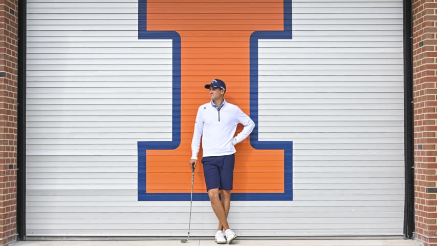 CHAMPAIGN, ILLINOIS - SEPTEMBER 28: Adrien Dumont de Chassart poses for a photo at Demirjian Golf Practice Facility at the University of Illinois on September 28, 2023 in Champaign, Illinois. (Photo by Ben Jared/PGA TOUR)