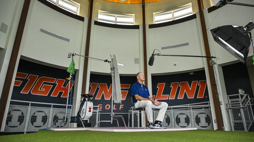 CHAMPAIGN, ILLINOIS - SEPTEMBER 28: University of Illinois Mens Golf Coach Mike Small talks during an interview at the University of Illinois on September 28, 2023 in Champaign, Illinois. (Photo by Ben Jared/PGA TOUR)