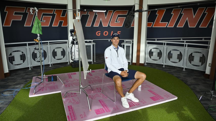 CHAMPAIGN, ILLINOIS - SEPTEMBER 28: Adrien Dumont de Chassart smiles for a photo inside Demirjian Golf Practice Facility at the University of Illinois on September 28, 2023 in Champaign, Illinois. (Photo by Ben Jared/PGA TOUR)