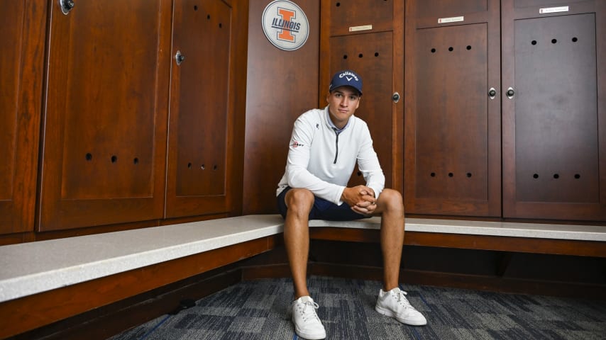 CHAMPAIGN, ILLINOIS - SEPTEMBER 28: Adrien Dumont de Chassart poses inside the locker room at Demirjian Golf Practice Facility during a day in the life media shoot at the University of Illinois on September 28, 2023 in Champaign, Illinois. (Photo by Ben Jared/PGA TOUR)