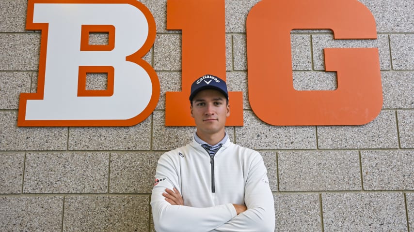 CHAMPAIGN, ILLINOIS - SEPTEMBER 28:  Adrien Dumont de Chassart poses for a photo inside Demirjian Golf Practice Facility at the University of Illinois on September 28, 2023 in Champaign, Illinois. (Photo by Ben Jared/PGA TOUR)