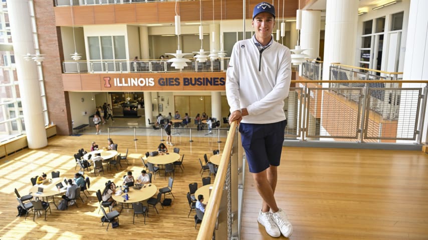 CHAMPAIGN, ILLINOIS - SEPTEMBER 28:  Adrien Dumont de Chassart smiles for a photo in Gies College of Business at the University of Illinois on September 28, 2023 in Champaign, Illinois. (Photo by Ben Jared/PGA TOUR)