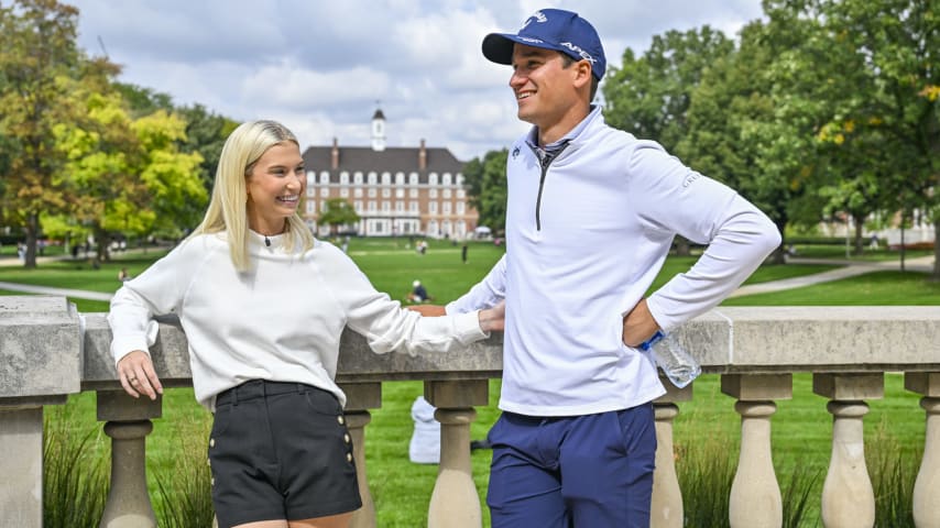 CHAMPAIGN, ILLINOIS - SEPTEMBER 28:  Adrien Dumont de Chassart smiles with his girlfriend Katie Underwood on the campus of the University of Illinois on September 28, 2023 in Champaign, Illinois. (Photo by Ben Jared/PGA TOUR)