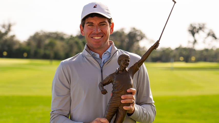 Ben Kohles holds the Jack Nicklaus Award as the Korn Ferry Tour Player of the Year for the 2023 season. (PGA TOUR)