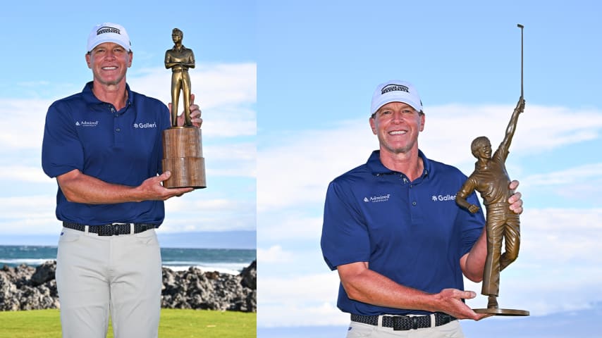 Steve Stricker with the Arnold Palmer Award (left) and Jack Nicklaus award (right). (Chris Condon/PGA TOUR)