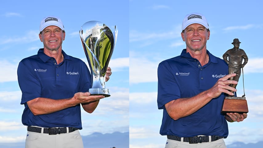 Steve Stricker with the Charles Schwab Cup (left) and Byron Nelson Award. (Chris Condon/PGA TOUR)