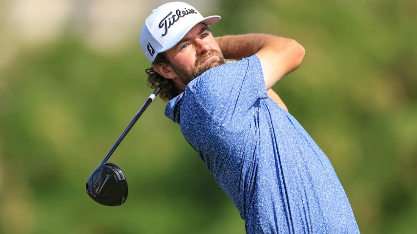 Cameron Young leads by three after an 8-under 64 on Friday at the Hero Dubai Desert Classic. (David Cannon/Getty Images)