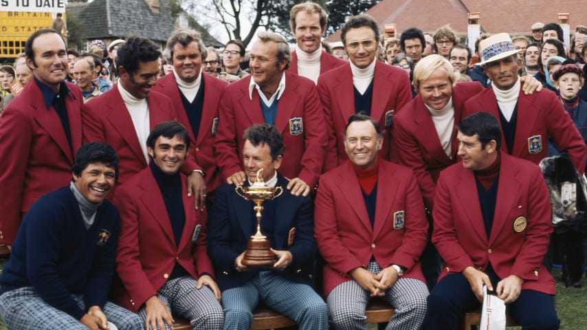 Jack Burke Jr. holds the Ryder Cup trophy after captaining Team USA to a victory at Muirfield in 1973. (PGA TOUR Archives)