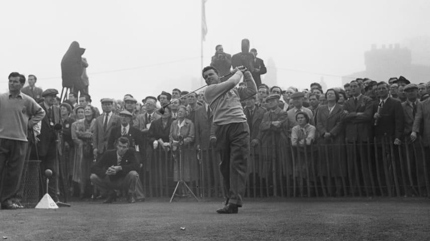 Jack Burke Jr. drives his ball from the first tee at the 1953 Ryder Cup at the Wentworth Club. (PGA TOUR Archives)
