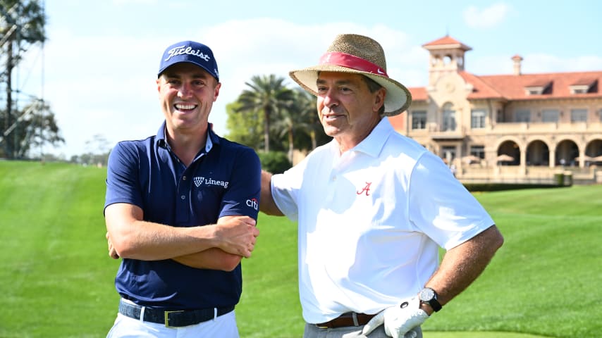 Nick Saban surprises Justin Thomas and plays the final few holes during THE PLAYERS Championship preview media event with Justin Thomas at TPC Sawgrass. (Chris Condon/PGA TOUR)