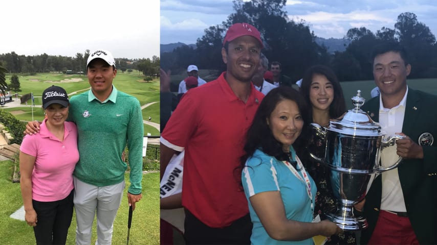 On the left, Norman Xiong with his mother, Jing. On the right, Xiong celebrates with the Walker Cup trophy. (Courtesy Xiong family)