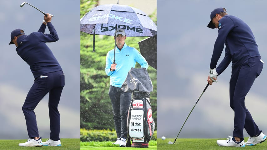 Jordan Spieth (left, right) and Maverick McNealy (middle) wearing the new Under Armour Pro Drive shoes at Pebble Beach. (Getty Images)