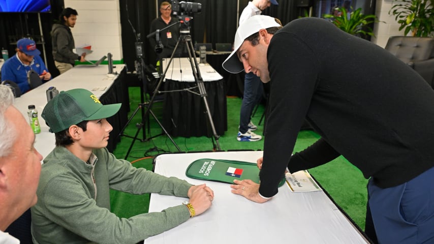 Sonny Sciantarelli and Scottie Scheffler during a media press conference prior to WM Phoenix Open at TPC Scottsdale. (Ben Jared/PGA TOUR)