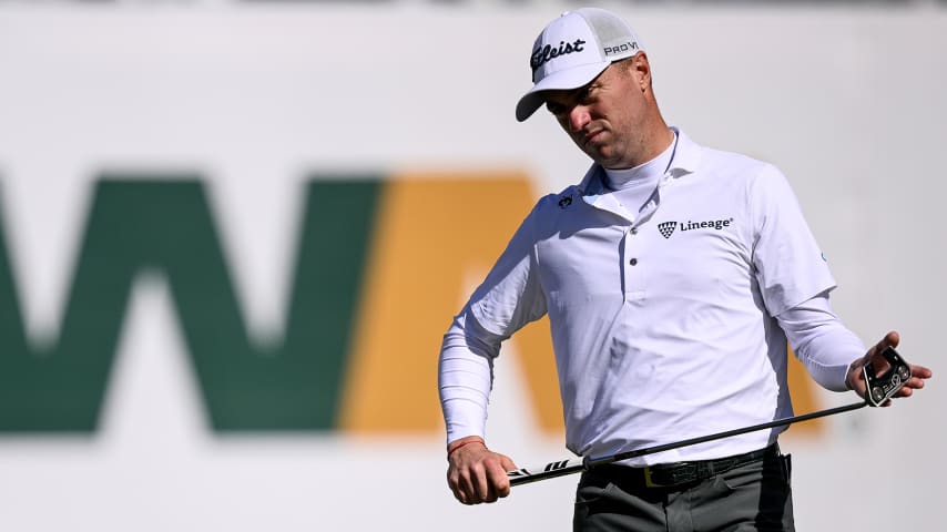 Justin Thomas with the new model of the Scotty Cameron Phantom putter during the weather-delayed first round of the WM Phoenix Open. (Orlando Ramirez/Getty Images)