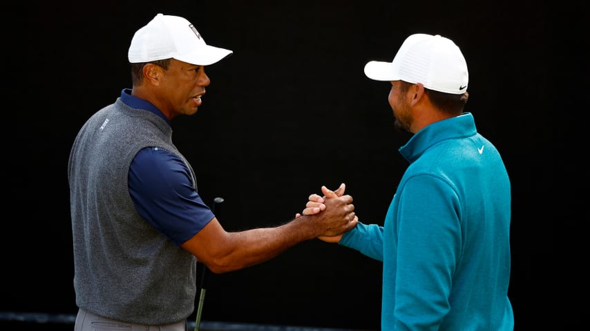 Tiger Woods greets Jason Day ahead of a practice round at The Genesis Invitational 2023. (Ronald Martinez/Getty Images)