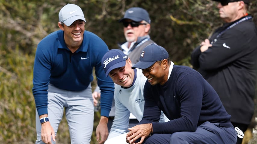 Tiger Woods shares a moment with Rory McIlroy and Justin Thomas at The Riviera Country Club in 2023. (Michael Owens/Getty Images)