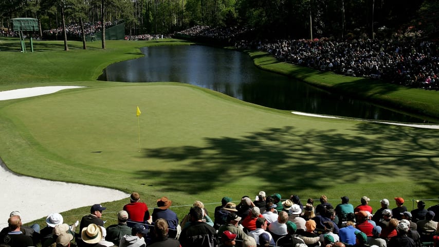 The pivotal par-3 16th at Augusta National, where Verne Lundquist has called the shots for many years. (Harry How/Getty Images)