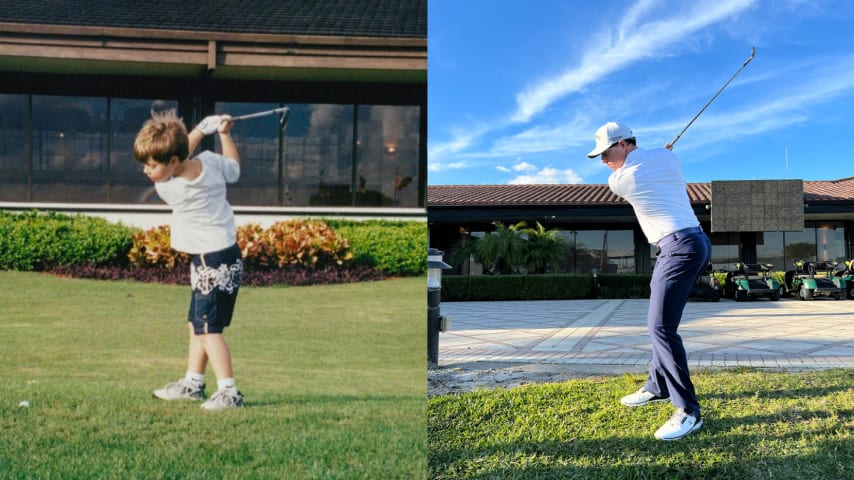 Max Greyserman recreates a childhood photo at PGA National. (Courtesy the Greysermans, PGA TOUR)