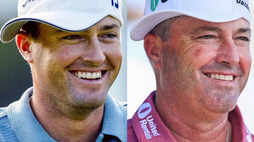 Ryan Palmer in 2004 during his first TOUR start (left) and in 2024 at the Cognizant Classic in The Palm Beaches. (Tracy Wilcox/PGA TOUR)