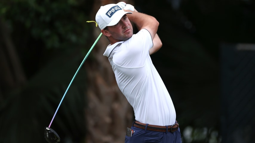 PALM BEACH GARDENS, FLORIDA - MARCH 03: Austin Eckroat of the United States plays his shot from the third tee during the final round of The Cognizant Classic in The Palm Beaches at PGA National Resort And Spa on March 03, 2024 in Palm Beach Gardens, Florida. (Photo by Brennan Asplen/Getty Images)