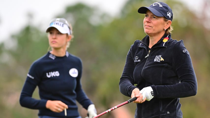 Annika Sorenstam of Sweden plays her shot from the third tee during the third round of the 2022 Hilton Grand Vacations Tournament of Champions at Lake Nona Golf & Country Club on Jan. 22, 2022, in Orlando, Florida. (Julio Aguilar/Getty Images)