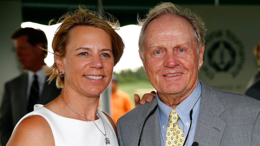 Annika Sorenstam (L) poses with Jack Nicklaus following the memorial induction ceremony prior to the Memorial Tournament presented by Nationwide Insurance at Muirfield Village Golf Club on May 28, 2014, in Dublin, Ohio. (Sam Greenwood/Getty Images)