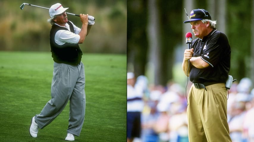 Roger Maltbie hits a fairway shot during the 1993 PLAYERS Championship (left) and on the call for THE PLAYERS Championship in 1994. (Gary Newkirk/Getty Images)