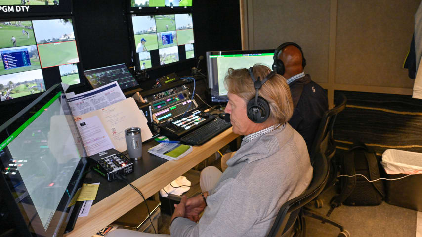 Mark Dusbabek and Orlando Pope monitoring live footage inside the PGA TOUR LIVE truck at The Genesis Invitational 2024. (Ben Jared/PGA TOUR)