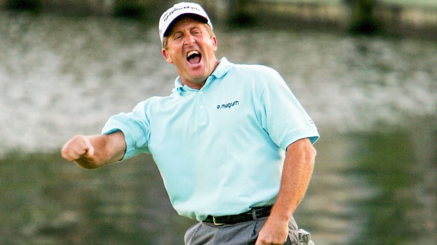 Fred Funk celebrates on No. 18 of THE PLAYERS Stadium Course after winning in 2005. (Chris Condon/PGA TOUR)