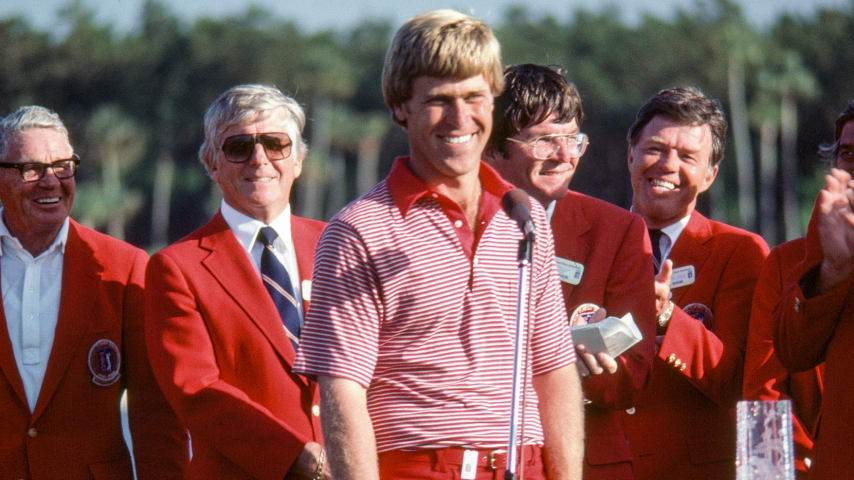 Hal Sutton speaks after a one-stroke victory at THE PLAYERS 1983. (PGA TOUR Archives)