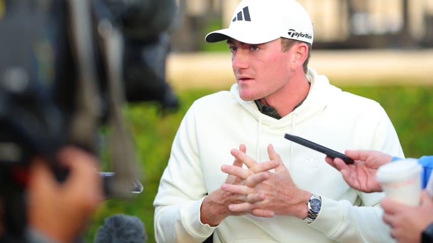 PONTE VEDRA BEACH, FLORIDA - MARCH 13: Nick Dunlap of the United States speaks to the media during the First Timers Press Conference prior to THE PLAYERS Championship  on the Stadium Course at TPC Sawgrass on March 13, 2024 in Ponte Vedra Beach, Florida. (Photo by Kevin C. Cox/Getty Images)